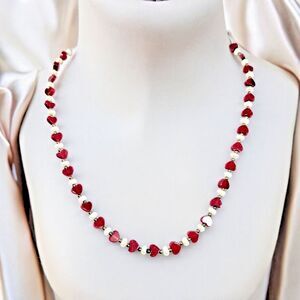 Heart Necklace Red Beryl Vtg 925 Bixbite Button Pearl Natural Stone 1 of a Kind